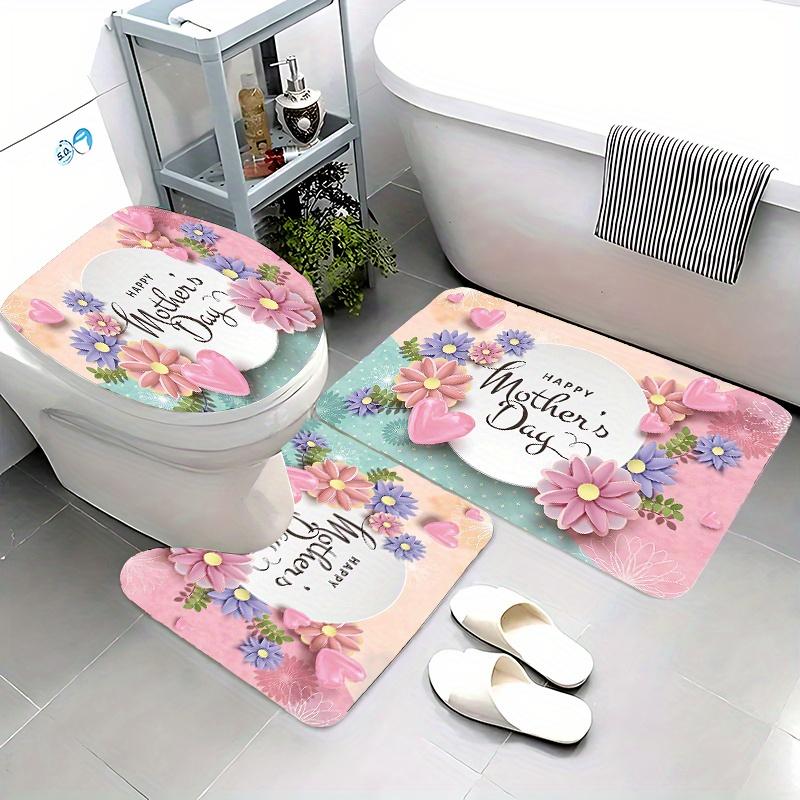 1/4 Mother'S Day Carnation Shower Curtain Set, Shower Curtain With Hooks, Non-Slip Carpet, Toilet U-Shaped Mat, Toilet Seatcover