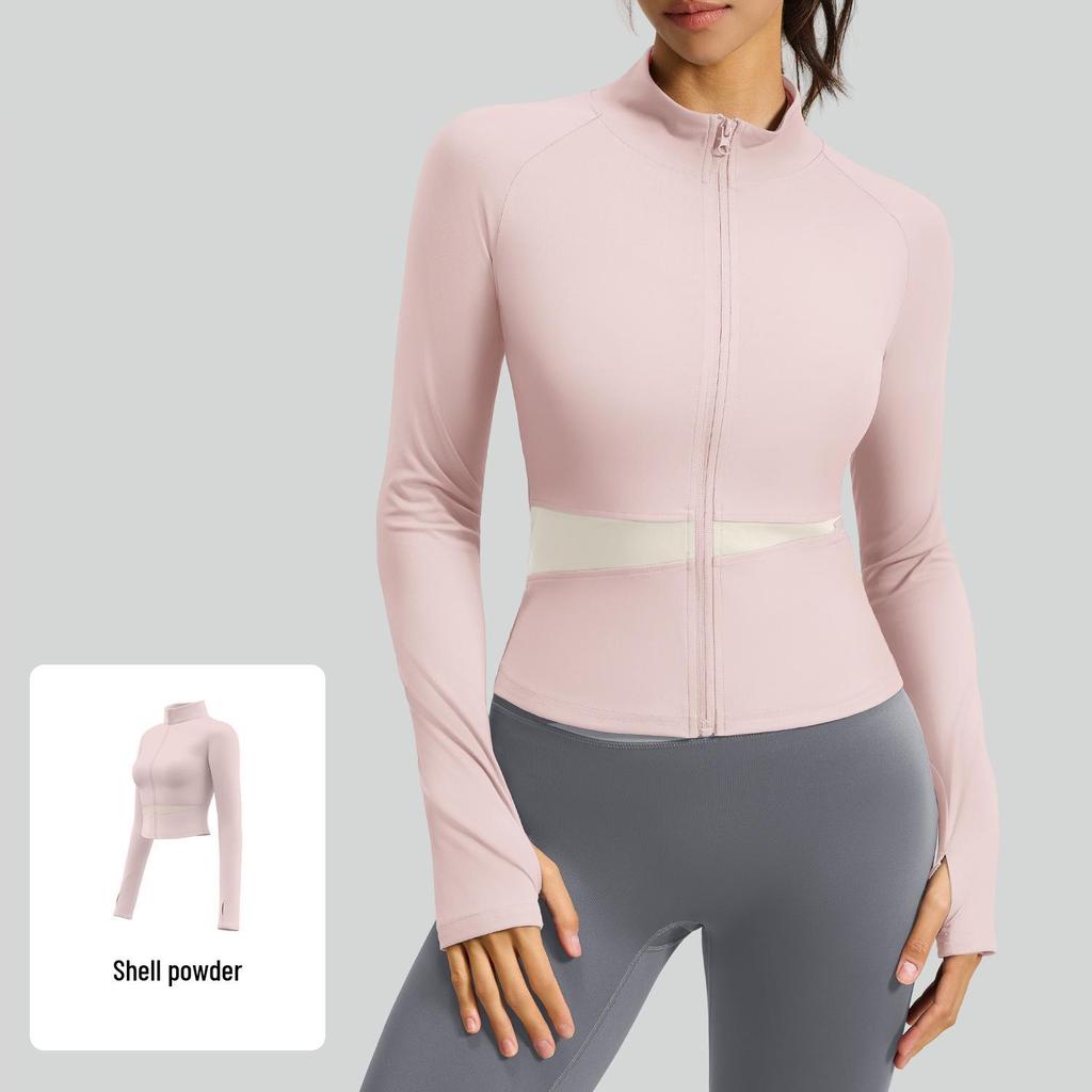 Juyitang Women's Slim Fit Long Yoga Jacket - Nude High Collar Fitness Top