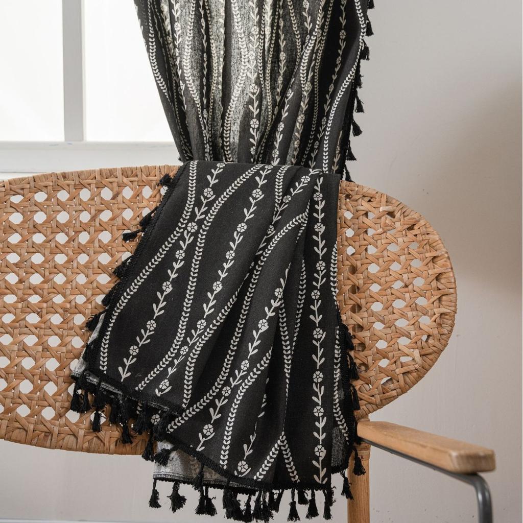 Curtain Finished Product Black Curve Printing Fringed Window Kitchen Curtain Semi-blackout Bay Window Direct Supply