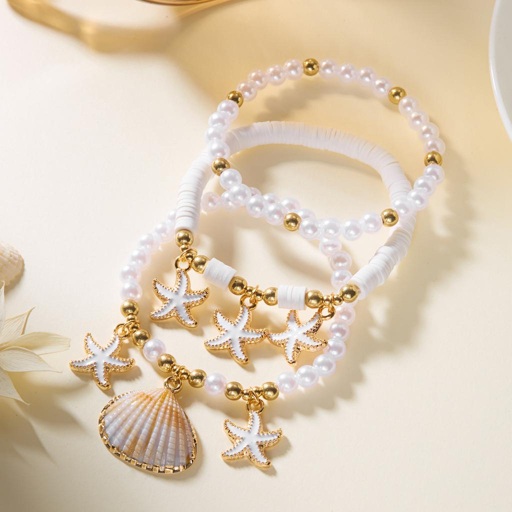 Fashion Polymer Clay Beaded Stretch Bracelets Set for Women Starfish Shell Pendant Stackable Bracelets Summer Beach Jewelry