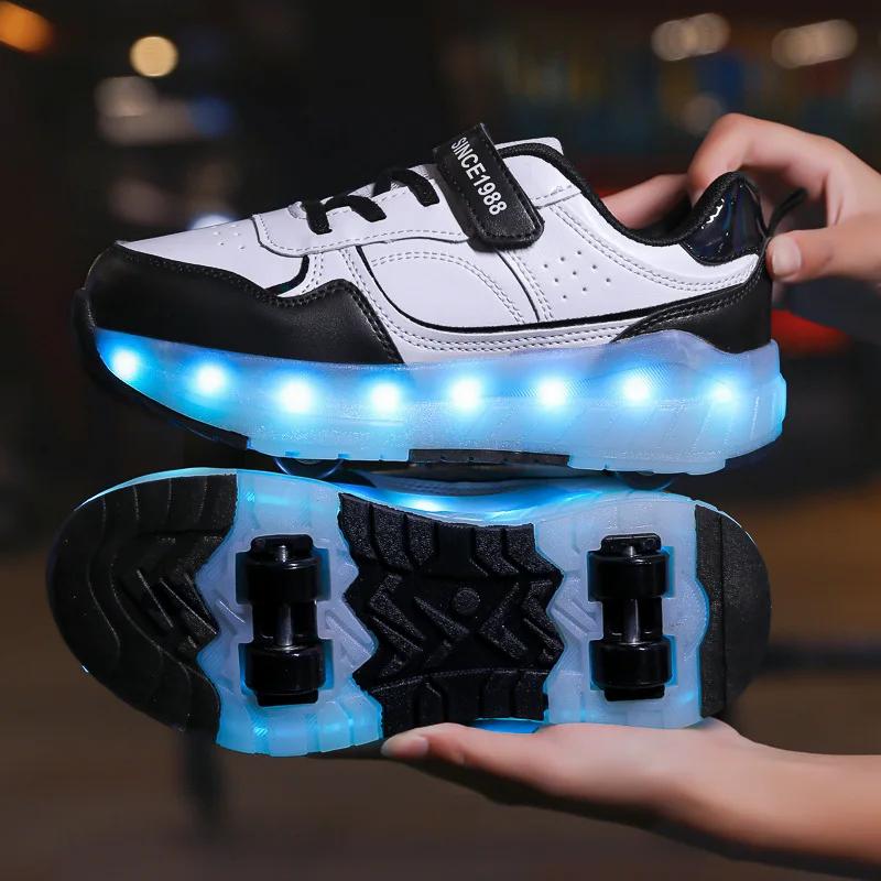 NEW Children's Roller Skating Shoes 4 Wheel LED Skating Shoes 2 in 1 Removable Pulley Skate Skating Parkour Sneaker with Wheels