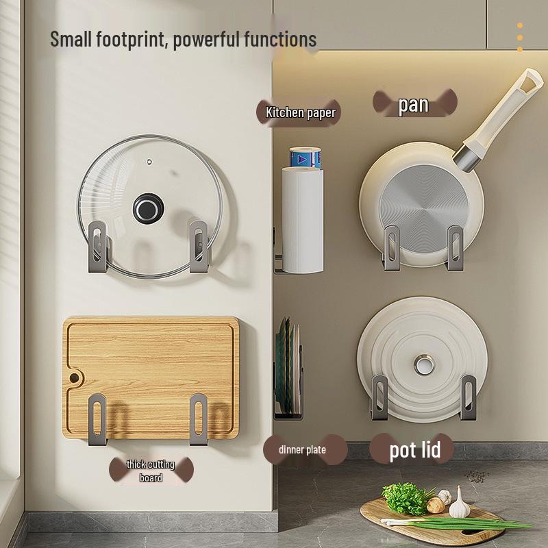Wall-Mounted Pot Lid & Cutting Board Rack - Punch-Free, Multifunctional Kitchen Storage Organizer.