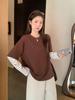Crew neck contrasting stripes splicing fake two-piece long-sleeved T-shirt autumn new inner bottoming shirt design top women