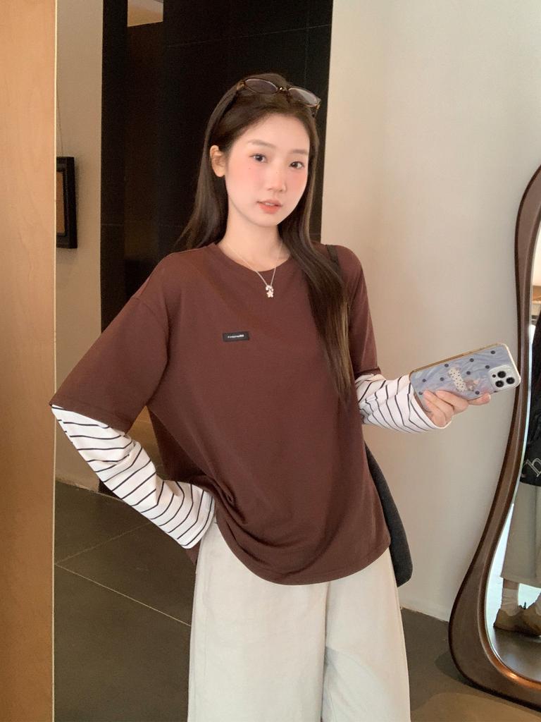 Crew neck contrasting stripes splicing fake two-piece long-sleeved T-shirt autumn new inner bottoming shirt design top women