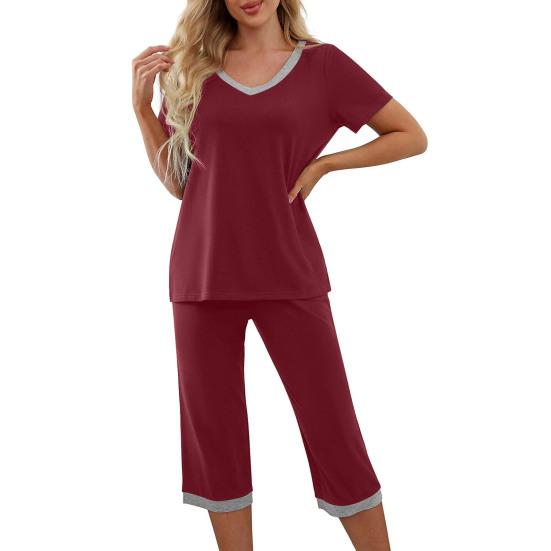 2 stk/sett Pyjamassett V-hals Kontrastfarge Kortermet løs hjemmeklær Elastisk midje Cropped Bukser Sommer