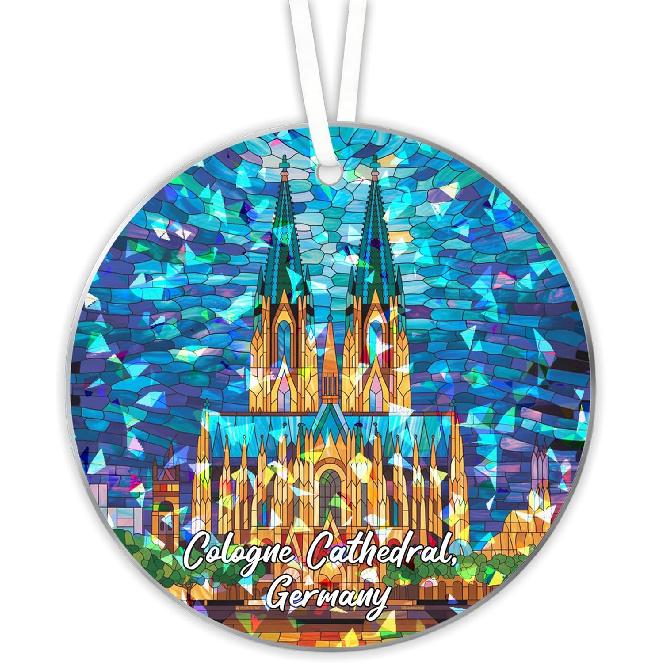 Cologne Cathedral Germany Stained Glass Ornament, Hologram Suncatcher with 2-Sided Printing, Broken Glass Style Acrylic Tree Decoration, Hanging Car