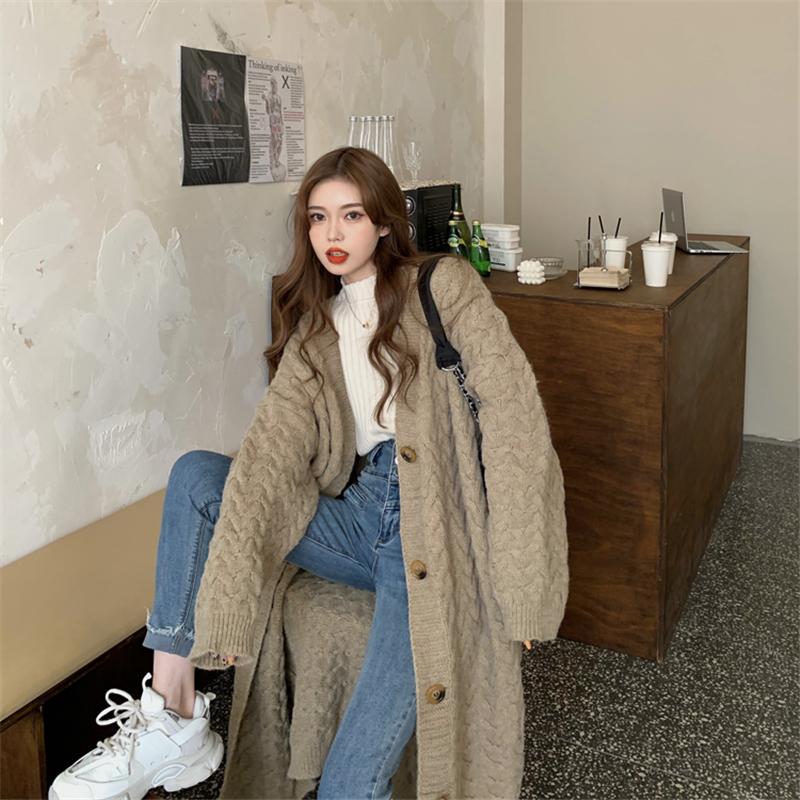 WTEMPO Women Long Knitted Sweaters Cardigans Autumn Female Large Size Casual Tops Long Sleeve Thick Solid Color Loose Coats