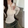 2025 New Spring and Autumn Long Sleeve Inner Women T-Shirt Tight Slim Fit Office Women's Bottom Shirt Basic solid color O Neck Skinny Button Top