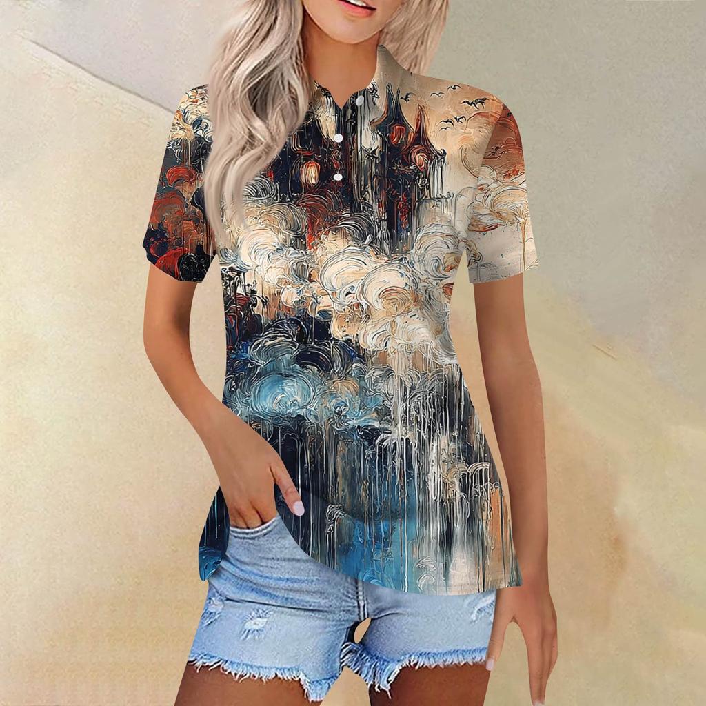 Women's Fashion Casual Lapel Short Sleeve Printed Shirt Women's Button Up Tops
