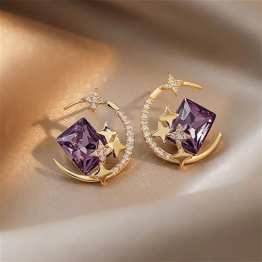 Women Star & Moon Crystal Earrings Elegant Light Luxury Exquisite Shiny Zircon Ear Studs Golden Fashion Jewelry Gifts Wholesle