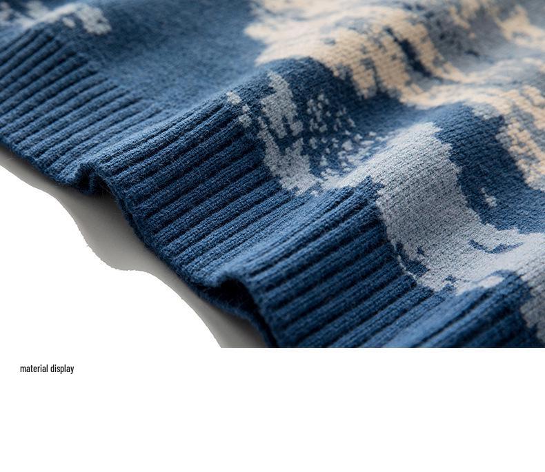 Men's Hong Kong Style Tie-Dye Snow Mountain Sweater: Trendy Round Neck, Loose Fit, Knitted, Long-Sleeve.