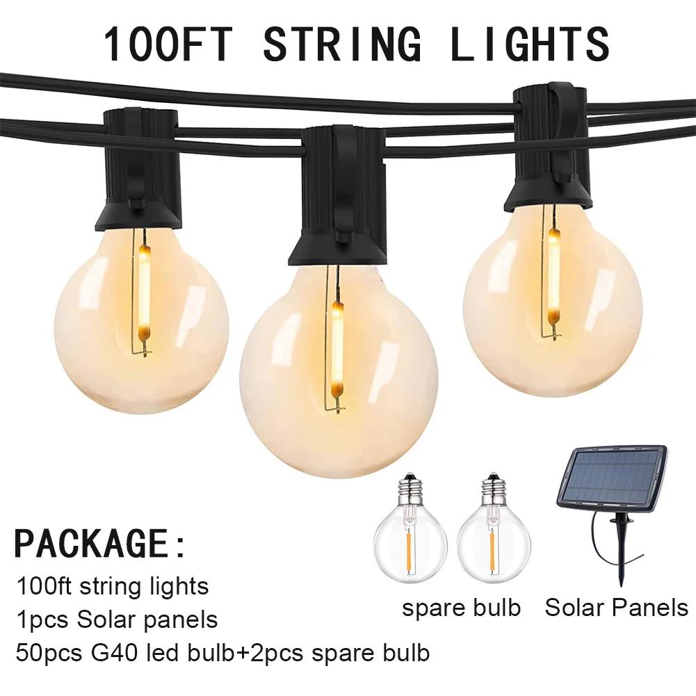 100/50/25ft Solar Led Light Outdoor G40 Plastic Bulb LED Garden Fairy Patio String Lights Wedding Party Decoration