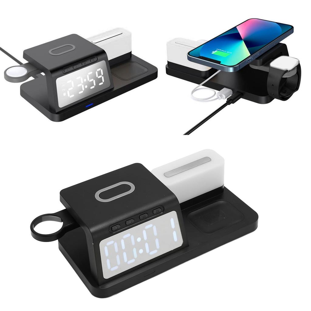 Multifunctional Alarm Clock Wireless with Night Light Calendar for Phone Watch Earphone