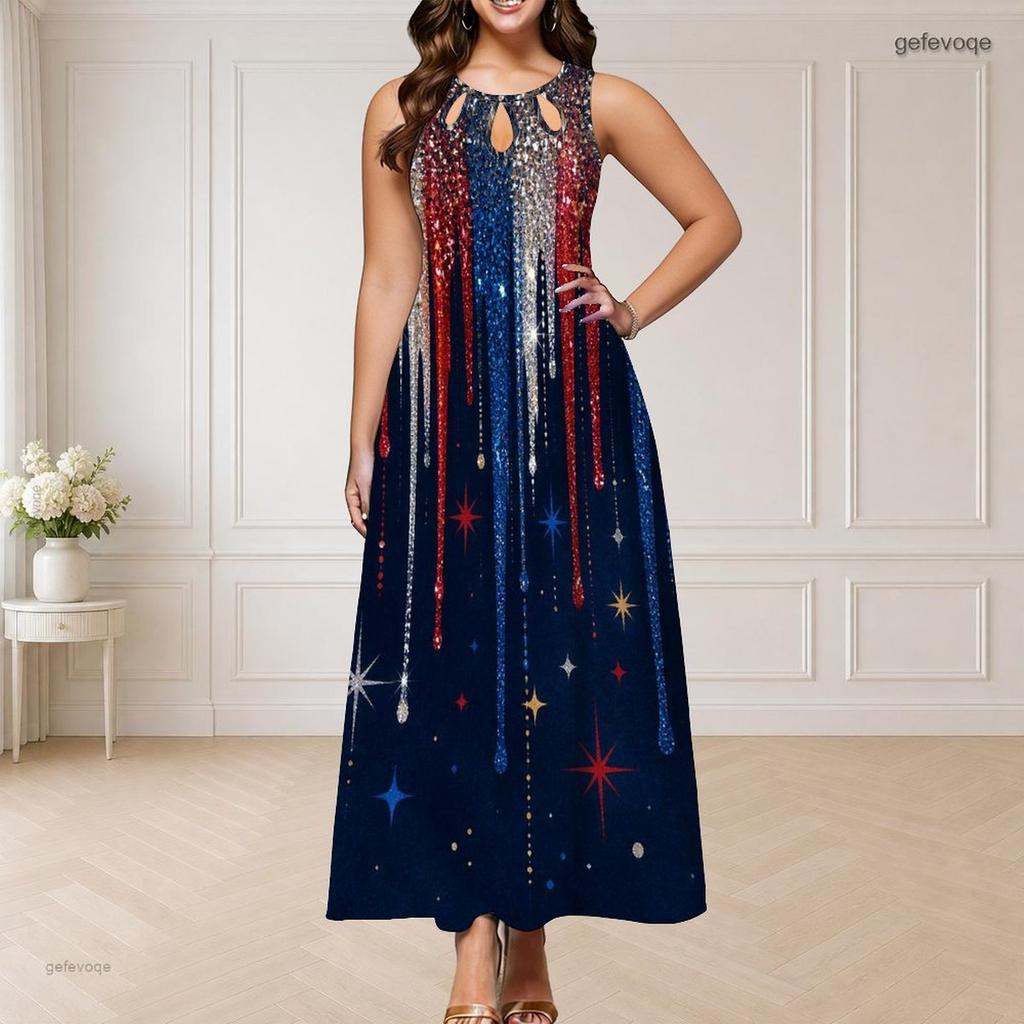 Women Plus Size Round Neck Triple Keyhole Cutout Sleeveless Printed Red Blue Beige Long Dress