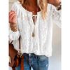 Loose Fit V Neck Long Sleeve Lace Solid Color Pullover Shirt