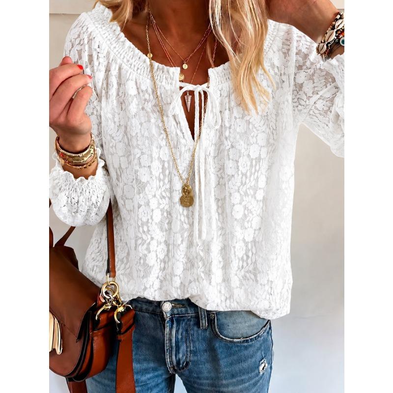 Loose Fit V Neck Long Sleeve Lace Solid Color Pullover Shirt