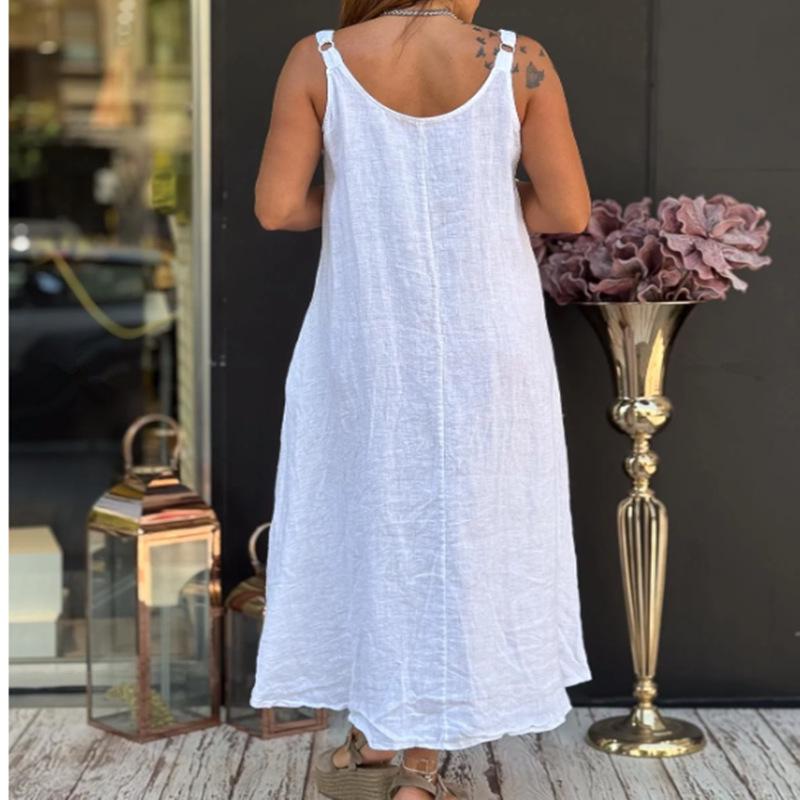 Summer Spaghetti Strap Cotton Linen Dress: Sleeveless, Round Neck, with Pockets - New Arrivals In Women's Simple Style