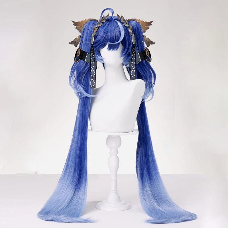 Juego Iuno Cabello Sintético Largo Degradado Azul Doble Cola de Caballo Peluca Cosplay Cabello Resistente al Calor Pelucas para Fiesta de Halloween