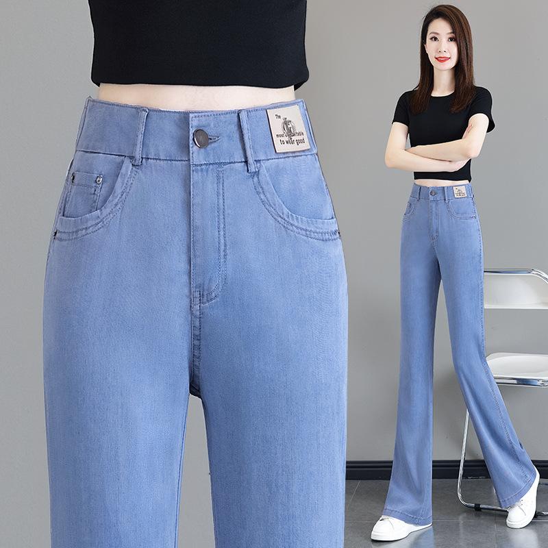Women's High Waist Flare Jeans Slim Bootcut Jeans Elastic Waist Tencel Thin Denim Pants Elegant Commuter Summer Trousers