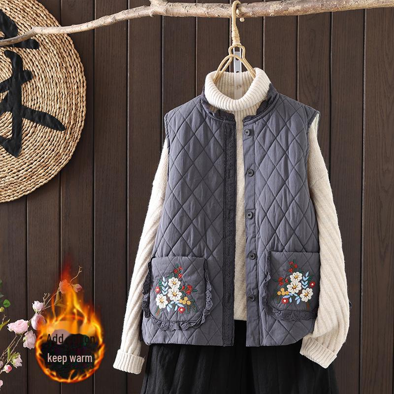 2023 Winter Women's Embroidered Cotton Vest: Loose, Versatile Large Size with Double Pockets
