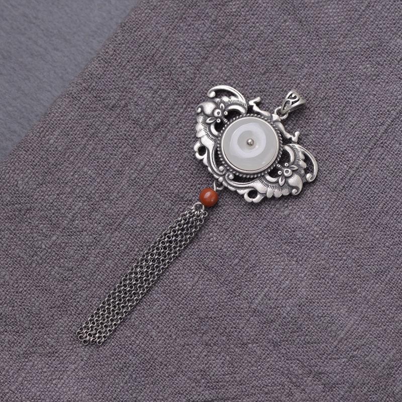 

Golden deer king s925 silver retro long tassel necklace pendant female elegant hotan jade southern red pendant 925 silver