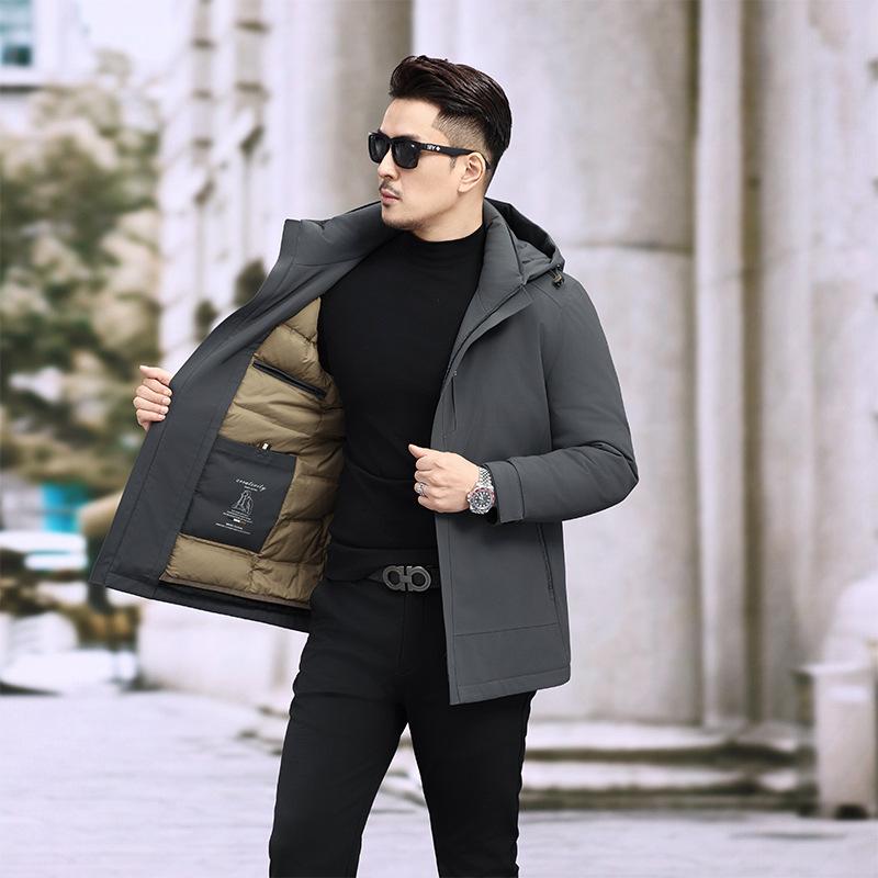 

Men s Mid-Length Goose Down Jacket with Detachable Hood - Thickened for Cold Weather and Business Casual. XXL