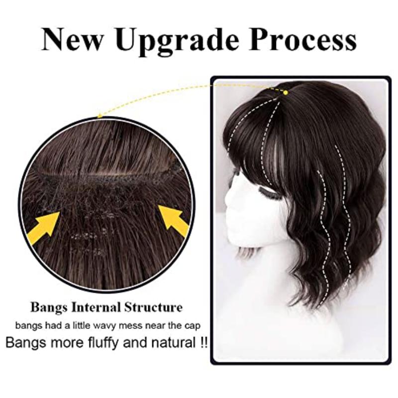 Body Wavy/Curly Hair Topper With Air Bangs For Women,Synthetic Hairpiece Clip in Hair Extension Add Volume Wig for Covering White Hair Hair Loss