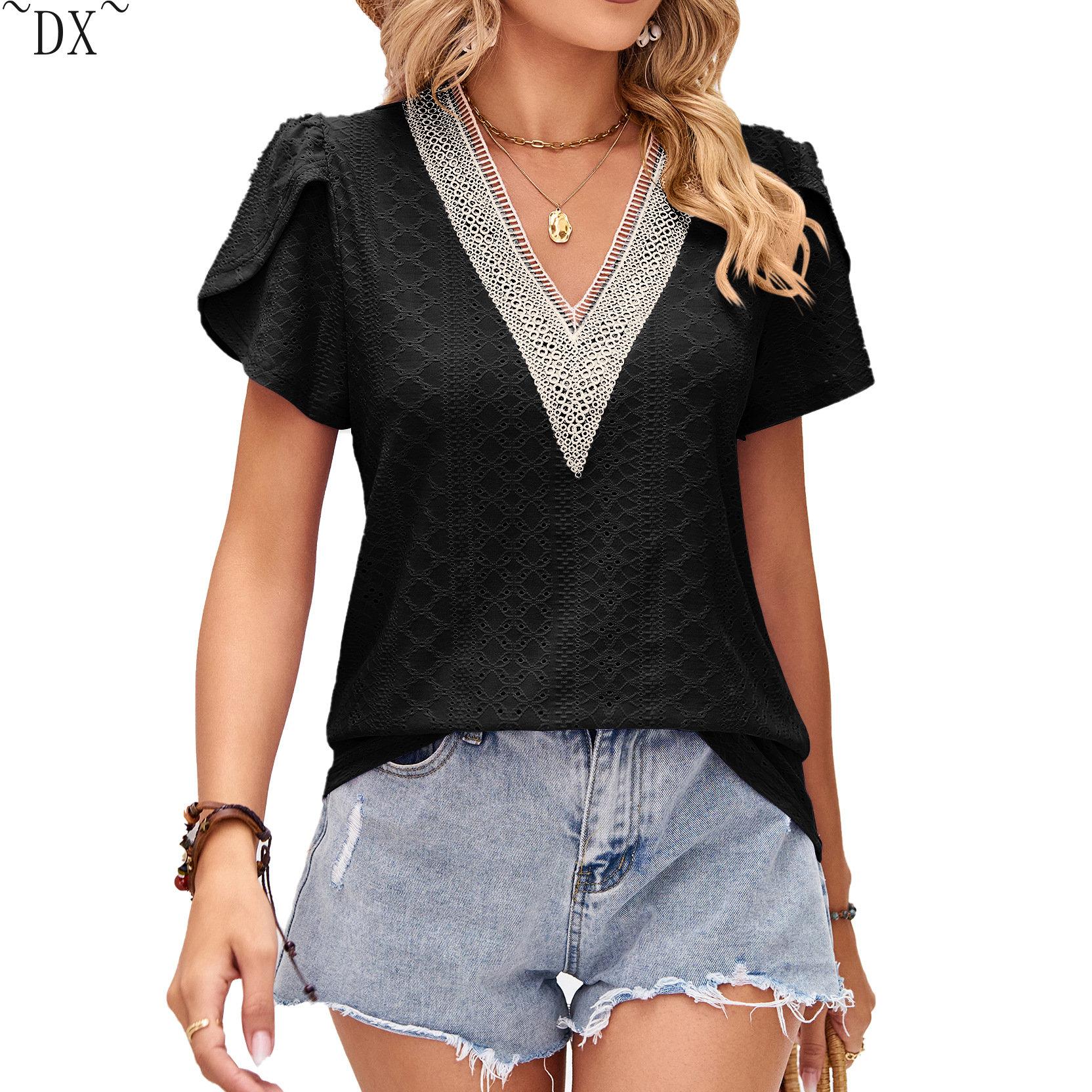 DX~~Женская летняя свободная футболка с v-образным вырезом и кружевными лепестками — фото 22