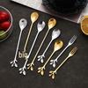 Gold Stainless Steel Leaf Spoon and Fork Set - Long Handle for Stirring, Desserts, and Coffee