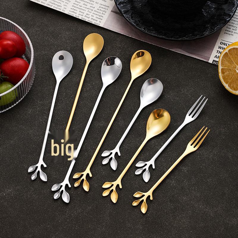 Gold Stainless Steel Leaf Spoon and Fork Set - Long Handle for Stirring, Desserts, and Coffee
