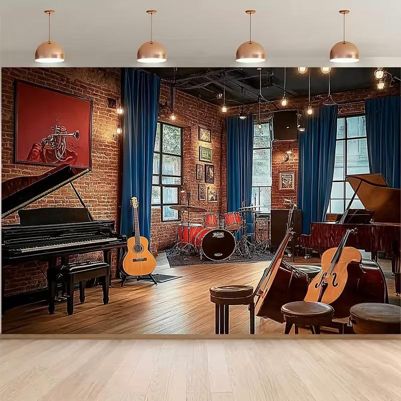 2D Vintage Music Studio Backdrop Brick Wall Photography Background for Live Streaming