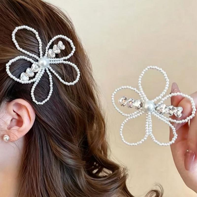 Elegant Rhinestone Pearl Flower Duckbill Clip for Hair