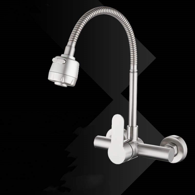 Wall Mounted Kitchen Faucet Hot Cold Mixers Kitchen Sink Tap 360 Degree Swivel Flexible Spout Stainless Steel Wall Mounted