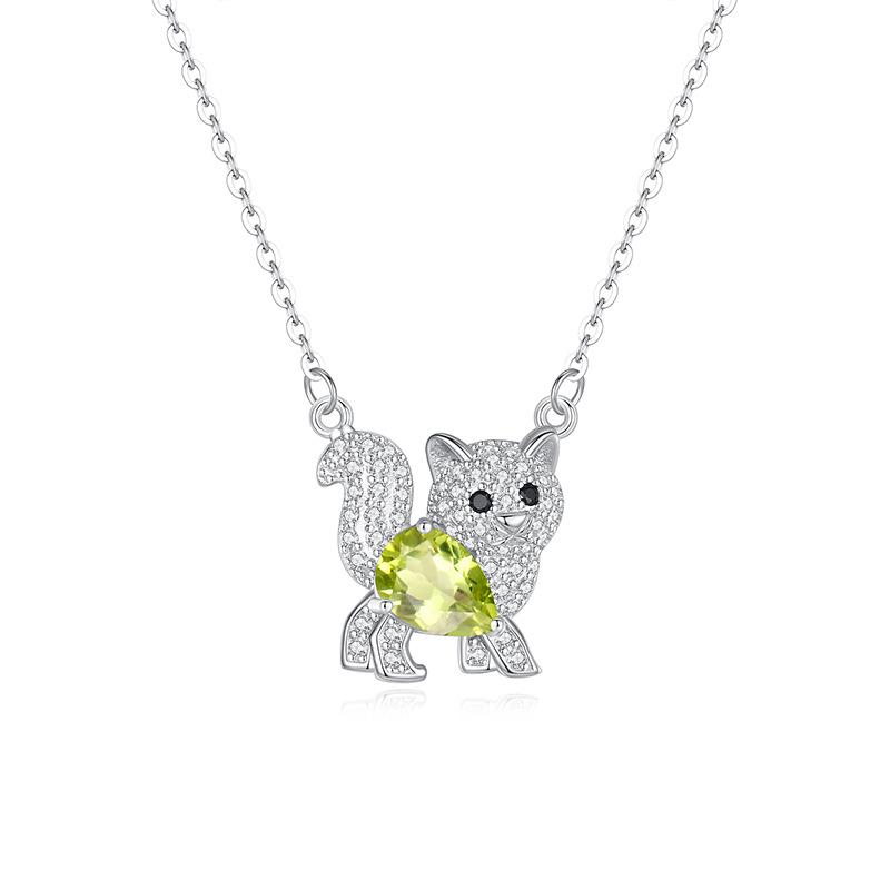 S925 Silver Cat Pendant Necklace Natural Crystal Choker Chain for Women