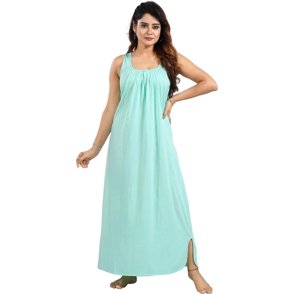 Light Green Cotton Women's Night Gown Indian Beautiful Casual Wear Maxi Nighty