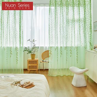 1PC Green Transparent Window Screen Willow Leaf Pattern Offset Printing Curtain Tulle Sheer for Living Room Bedroom Balcony Home Decor Nuan Series
