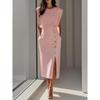 Women's Round Neck Sleeveless Solid Color Midi Dress Slim Fit High Waist Elegant Office Work Dress With Buttons Slit