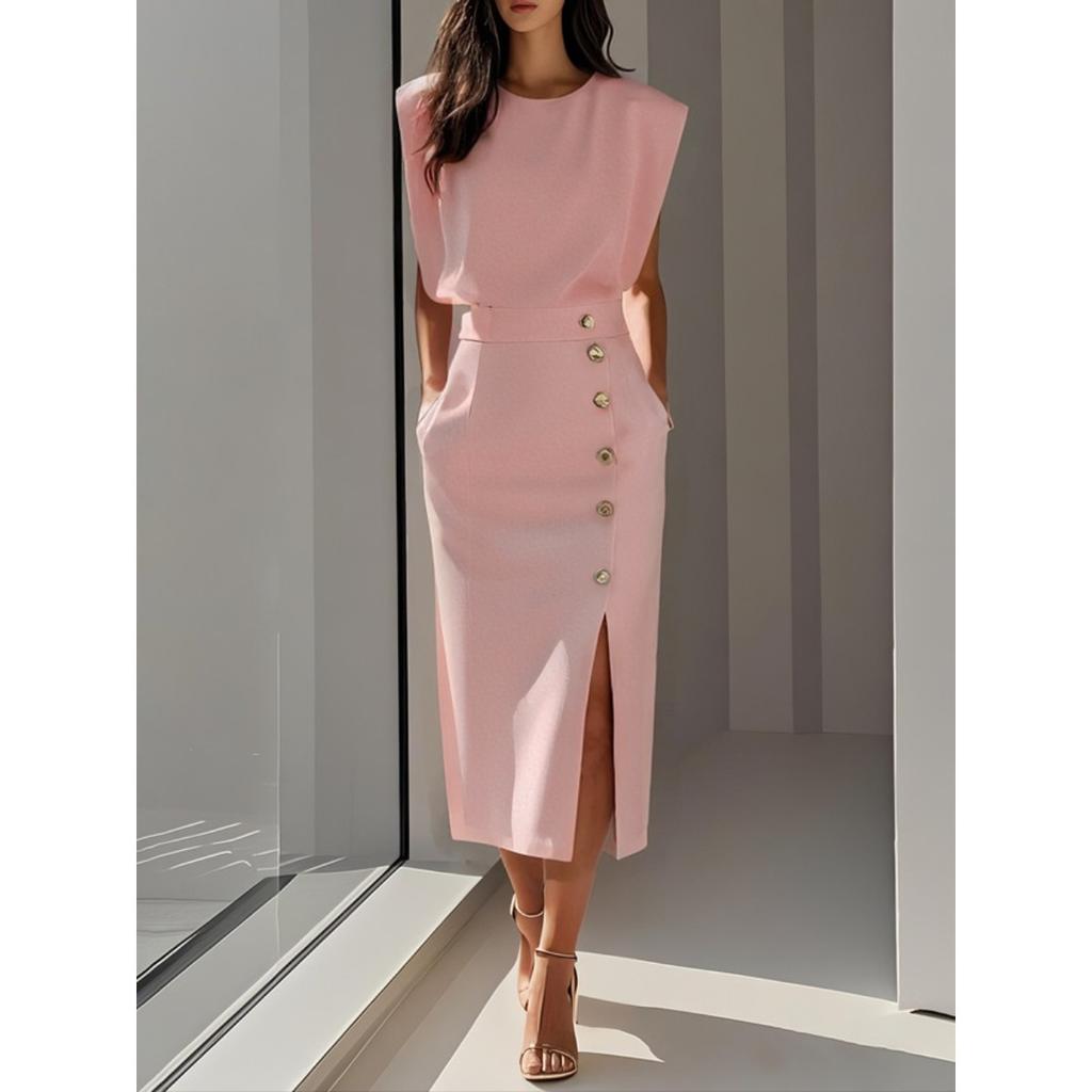 Women's Round Neck Sleeveless Solid Color Midi Dress Slim Fit High Waist Elegant Office Work Dress With Buttons Slit