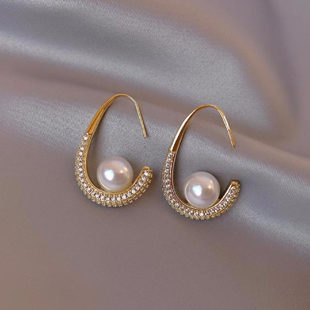 

14-каратное настоящее золотое покрытие, Корея, новый дизайн, модные ювелирные изделия, роскошные серьги с жемчугом типа C из циркония, элегантные женские серьги для вечеринок белый