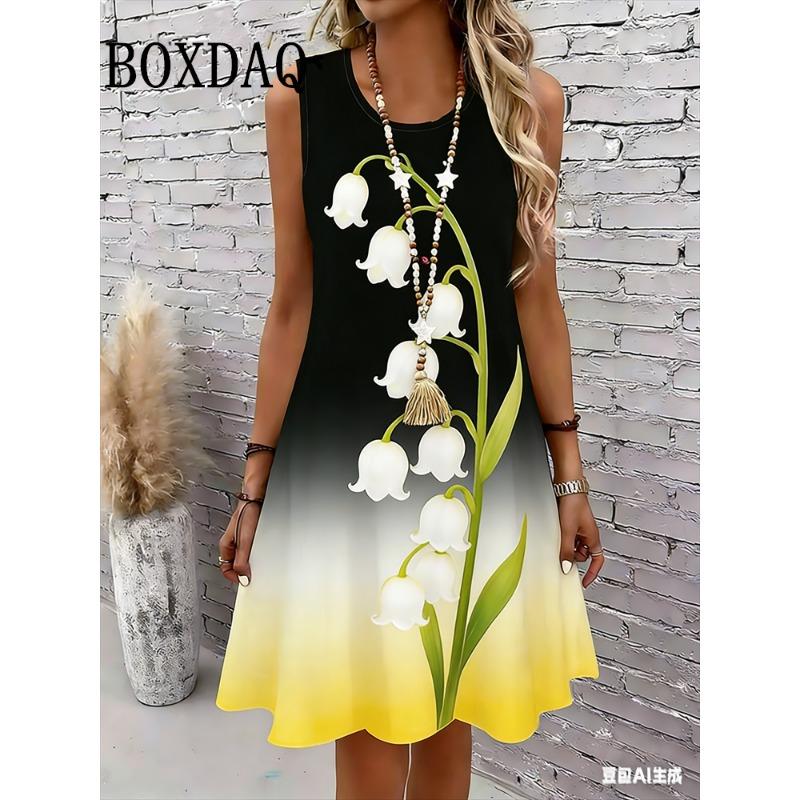 Women's Sleeveless A Line Dress Pink Floral 3D Print Dresses Summer Woman Clothing Sundress Casual Plus Size Ladies Beach Dress