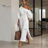 Summer Maxi Dress Women One Shoulder Long Dress, Solid Color Tie Waist Side Split Casual Party Sleeve for Dresses