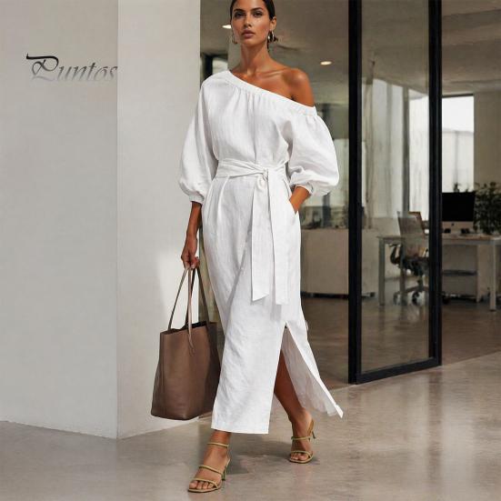 Summer Maxi Dress Women One Shoulder Long Dress, Solid Color Tie Waist Side Split Casual Party Sleeve for Dresses