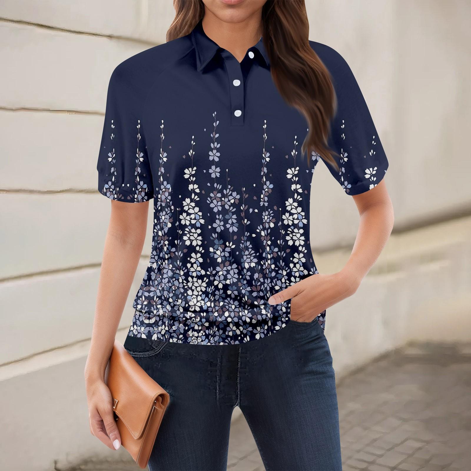 

Жіноча повсякденна футболка з V-подібним вирізом і короткими рукавами з квітковим принтом і декоративними ґудзиками L Темно-синій