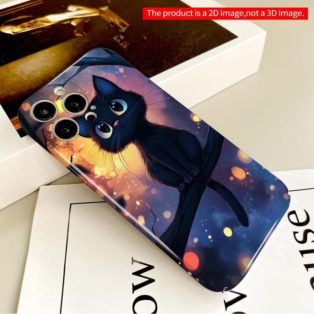 2DFlat Black Cat On Branch Amid Glowing Lights All Inclusive Film Hard Phone Case, Compatible with iPhone 18 Pro Max 17 16 15 14 13 12 11