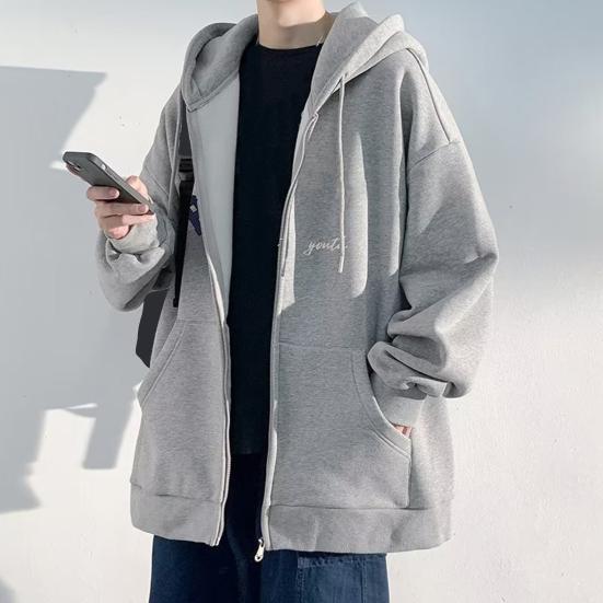 Men Fall Winter Hoodie Letter Print Drawstring Loose Hooded Zip-up Cardigan Outerwear with Pockets Mid Length Sport Jacket