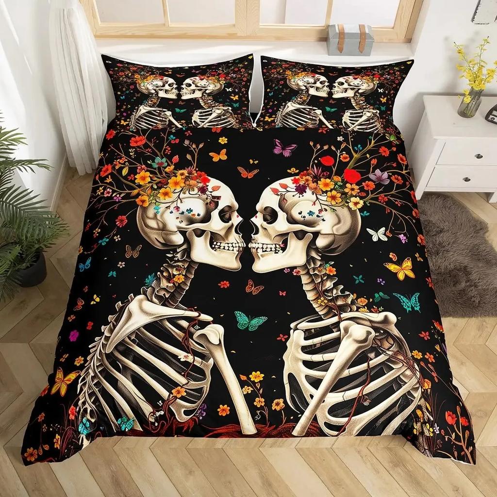 Sugar Skull Lover Duvet Cover King Kissing Couple Skeleton Bedding Set Red Rose Comforter Cover Death And Love Theme Quilt Cover