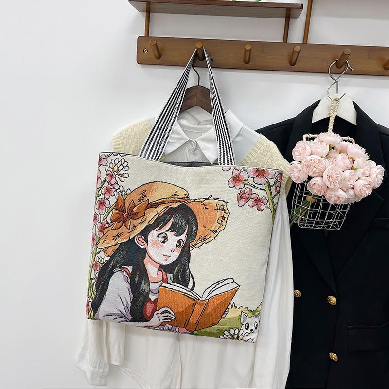 New Jacquard Canvas Bag 3D Three-dimensional Embroidered Flower Butterfly Large-capacity Shoulder Bag Women's Bag Portable Shopping