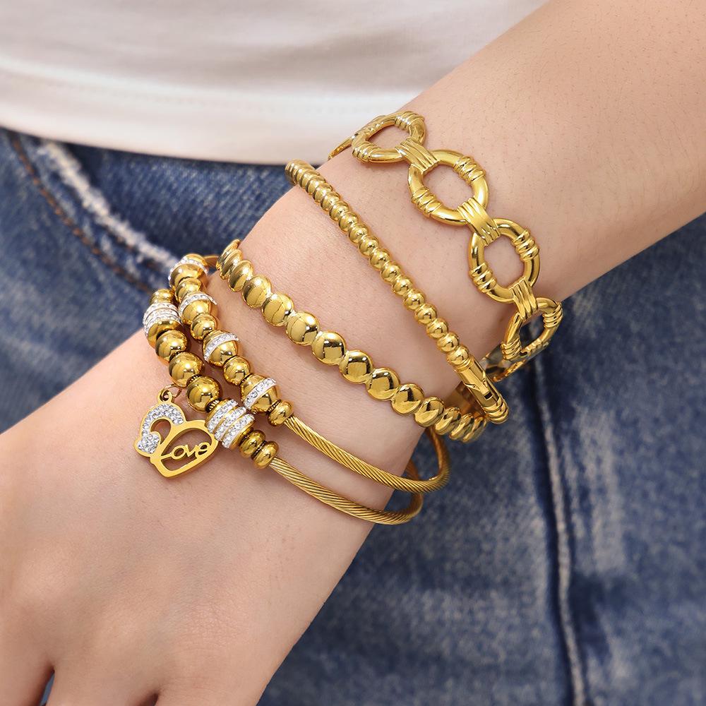 18K Gold-Plated Stainless Steel Geometric Zircon Bracelet Set - European & American Style, Personalized High-Texture Design.