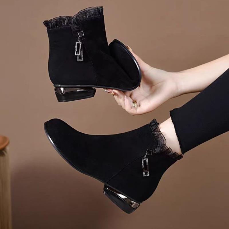 Autumn and winter new versatile round head thick heel comfortable zipper fashion boots soft leather boots women's soft sole women's boots