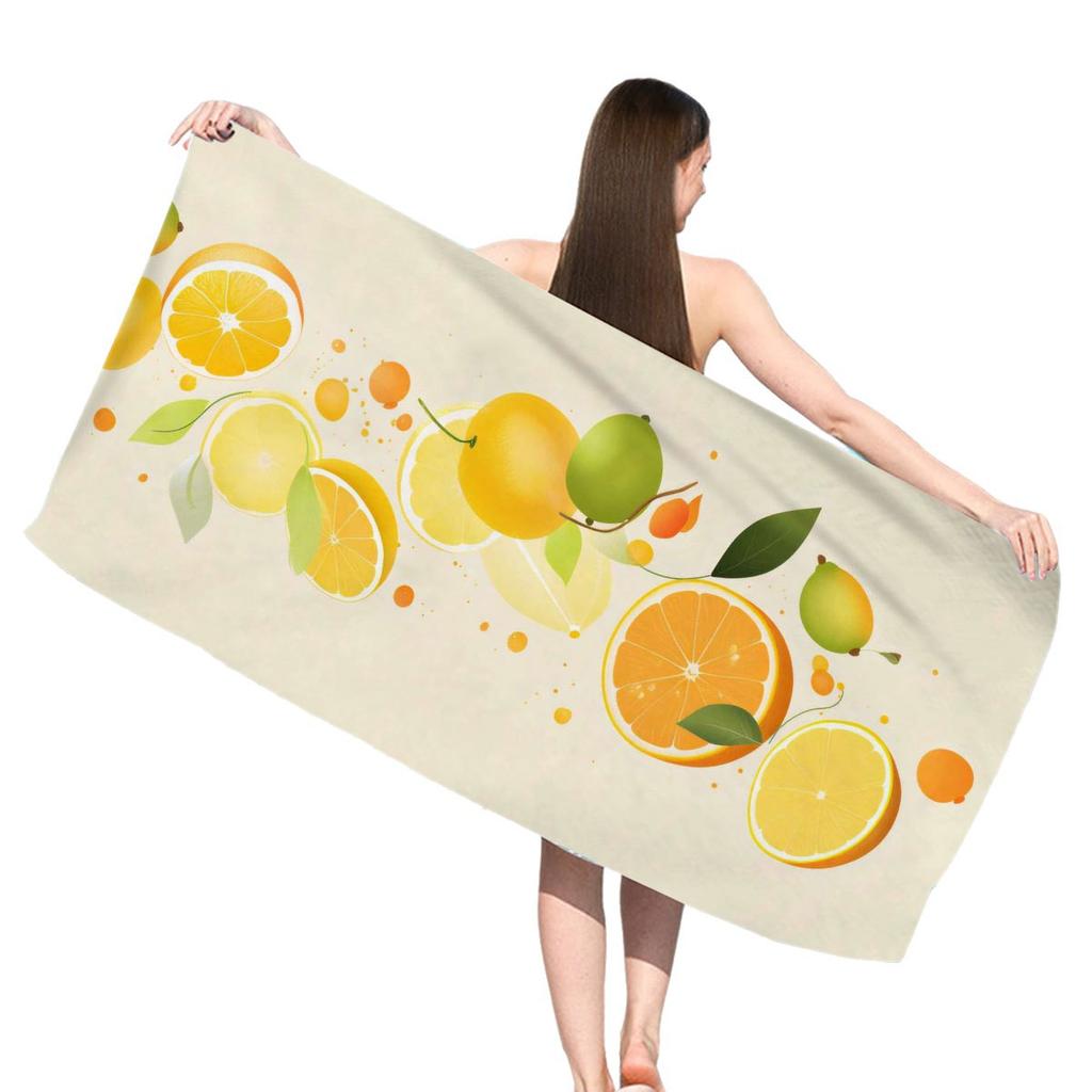 Summer Orange Pattern Digital-printed Polyester Superfine Fiber Double-sided Fleece Beach Vacation Bath Towel, Beach Towel
